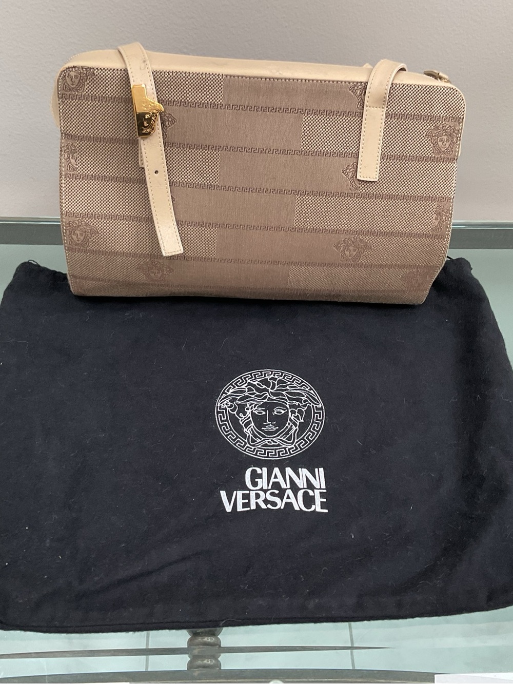 Versace Beige Canvas Messenger Bag with Leather Trim